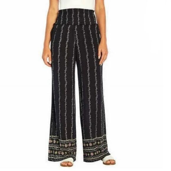 New Three Dots Pull On Printed Pants Black Floral Wide Leg Women's S - Picture 1 of 10